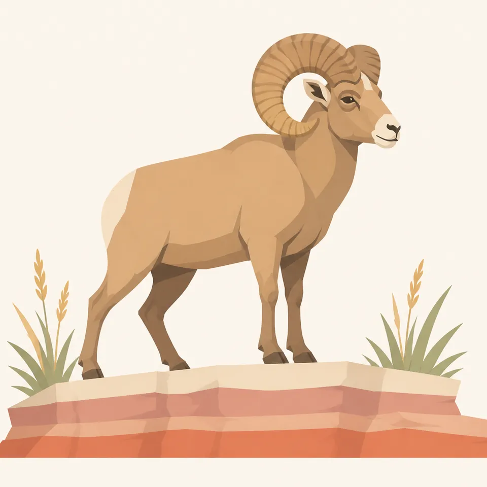 A bighorn sheep standing on a striped badlands ledge, the extra drawing for the park.