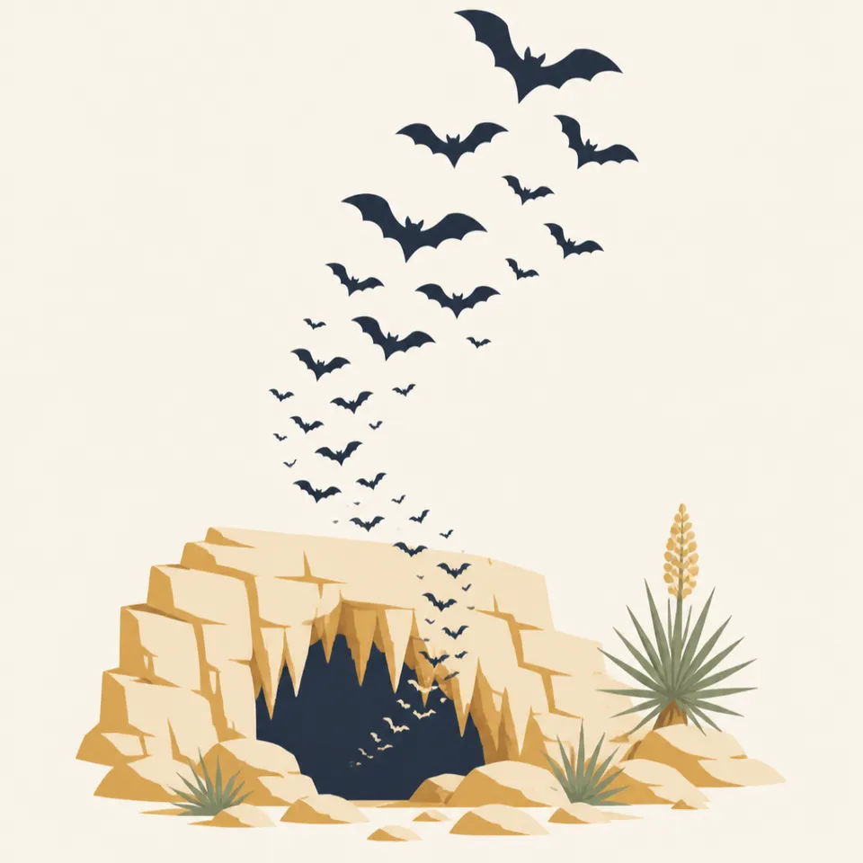 Bats stream from a cave mouth in desert rock, the extra drawing for the park.