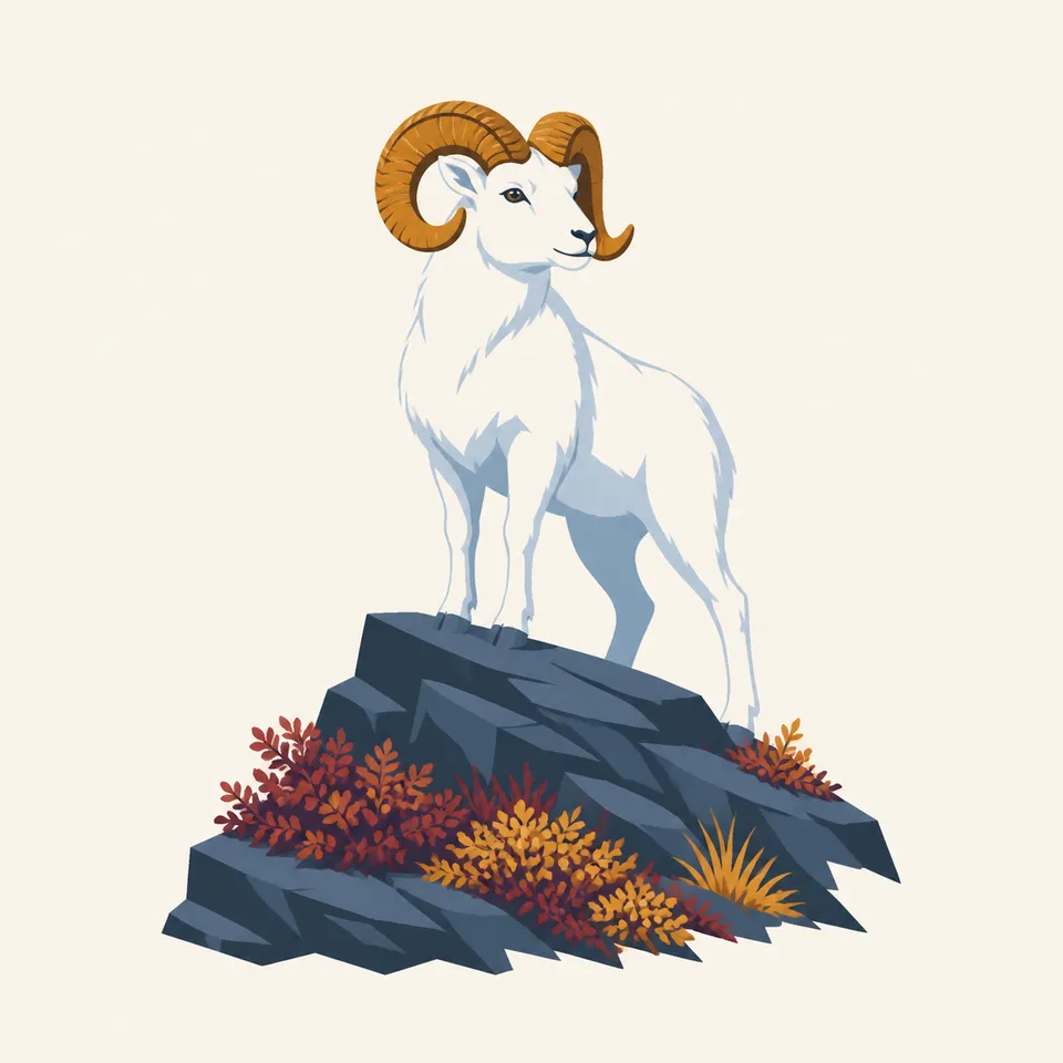 A white Dall sheep with amber horns on a dark rock, the extra drawing for the park.