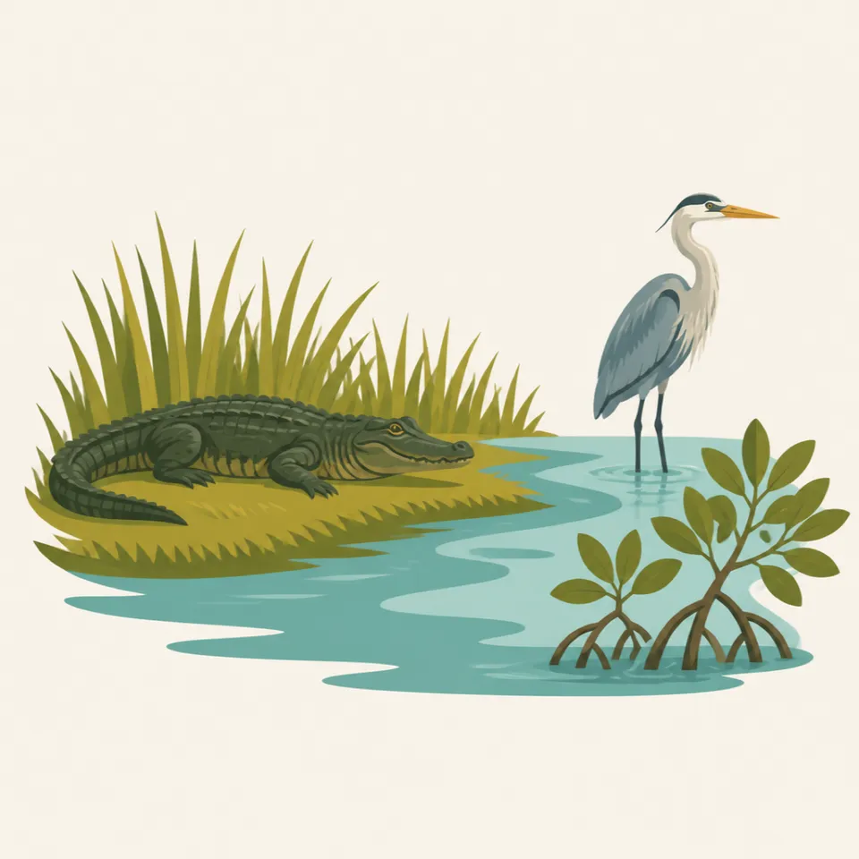 An alligator and a heron in shallow Everglades water.
