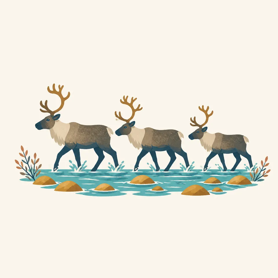 Three caribou crossing a shallow rocky river, the extra drawing for the park.