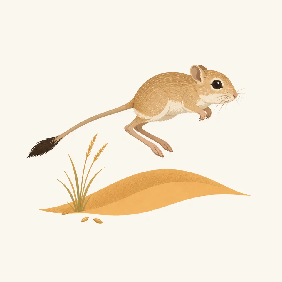 A small long-tailed rodent leaps over a low dune.