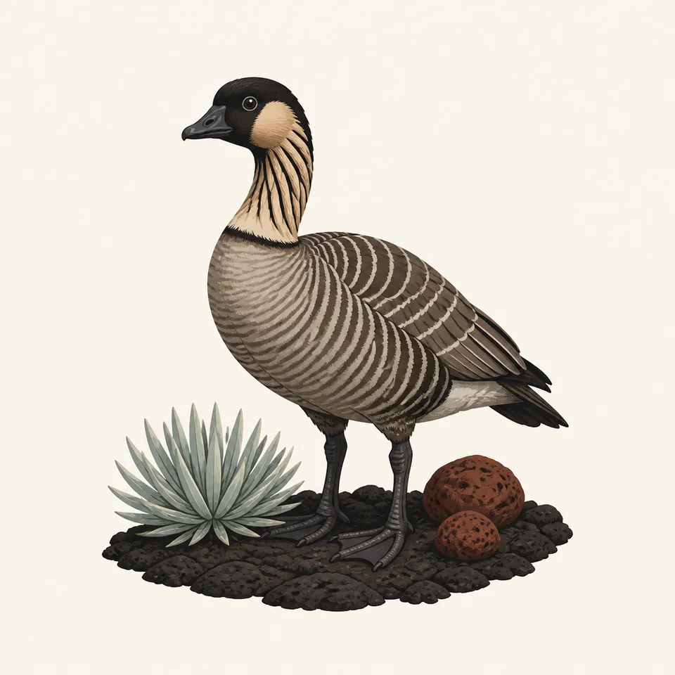 A nēnē standing beside a silversword on dark lava, the extra drawing for the park.