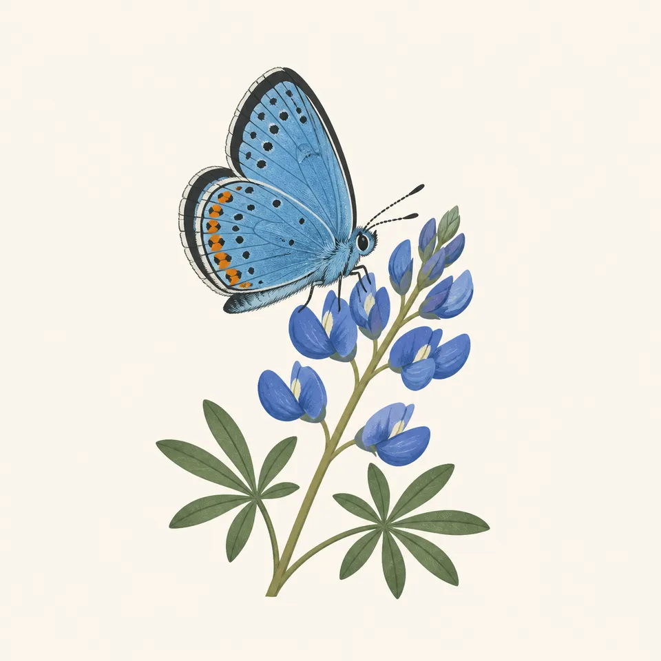 A blue butterfly on a blue flower spike, the extra drawing for the park.