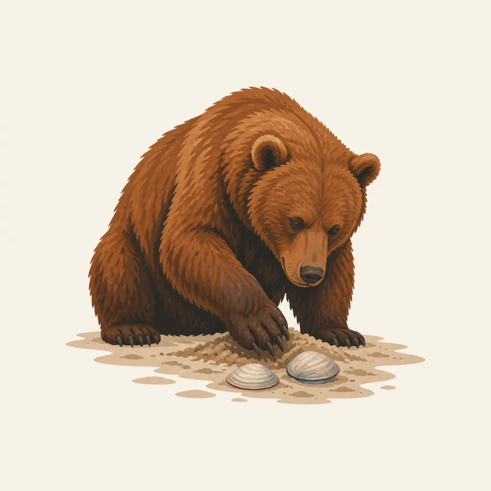 A brown bear with two clams in the sand, the extra drawing for the park.