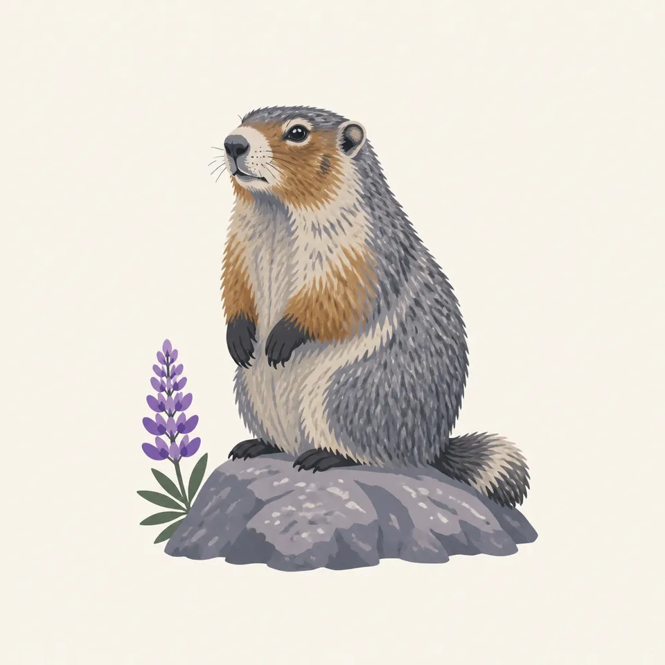 A hoary marmot beside a lupine flower, the extra drawing for the park.