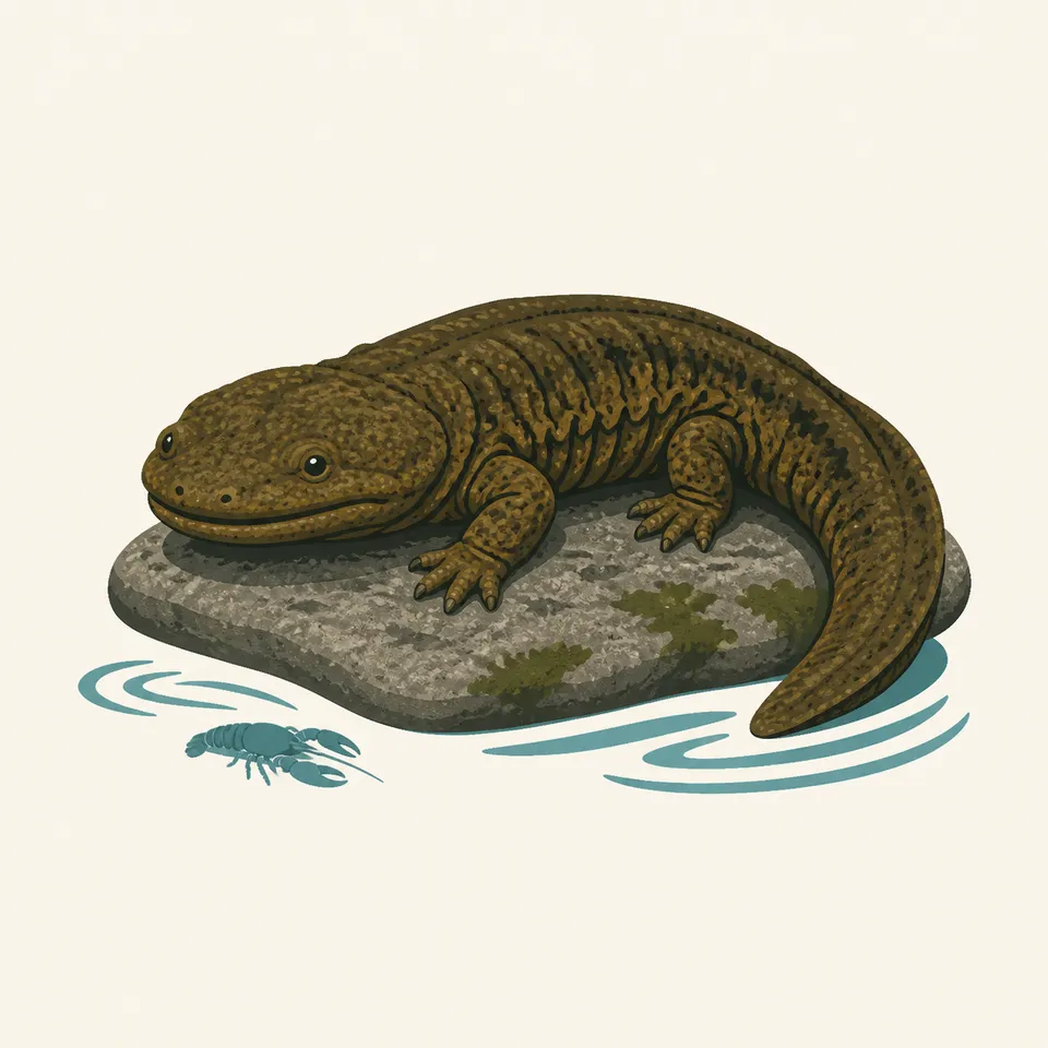 An eastern hellbender salamander beside a crayfish, the extra drawing for the park.