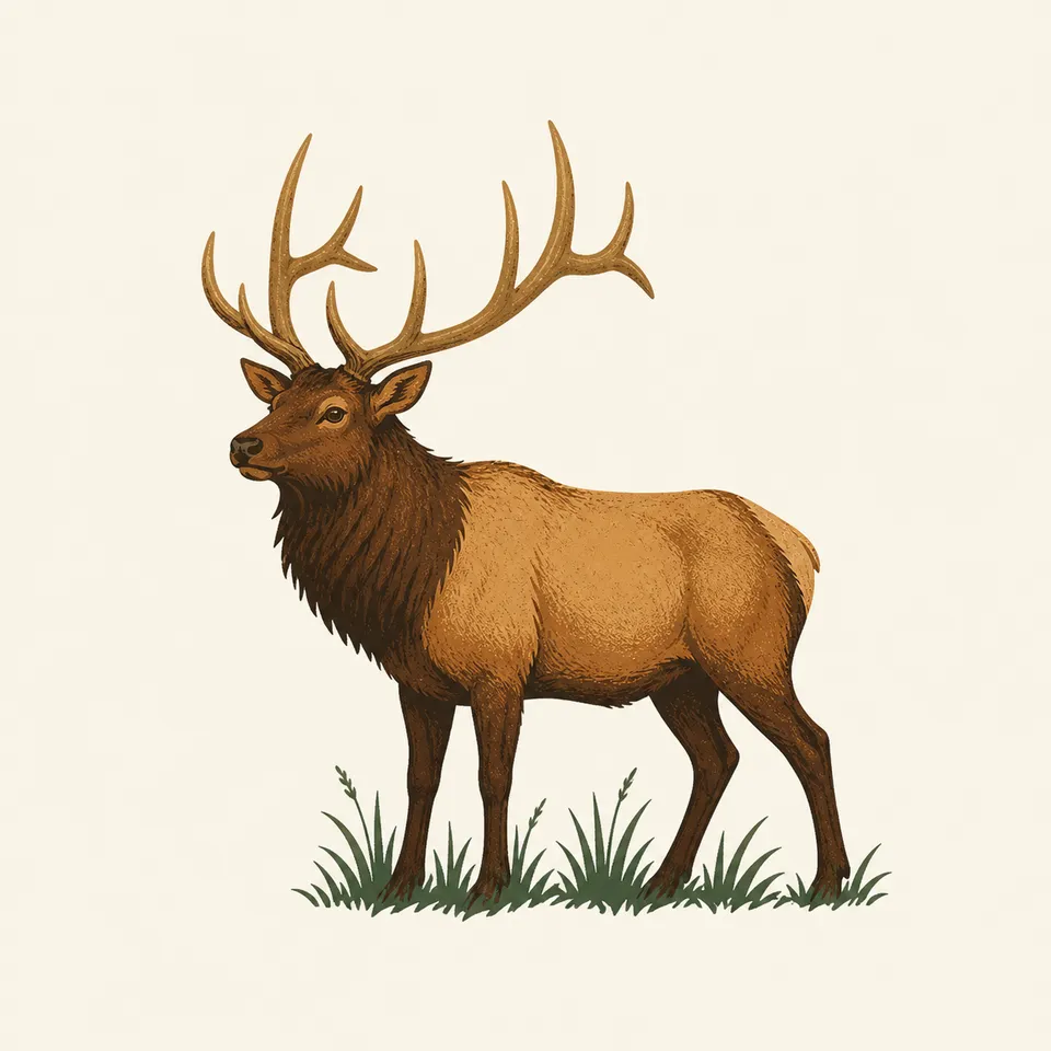 A Roosevelt elk standing in grass, the extra drawing for the park.