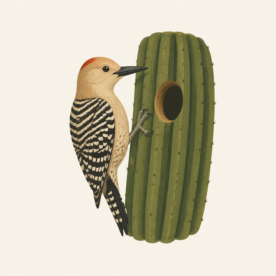 A woodpecker clings to a saguaro beside a round nest hole.