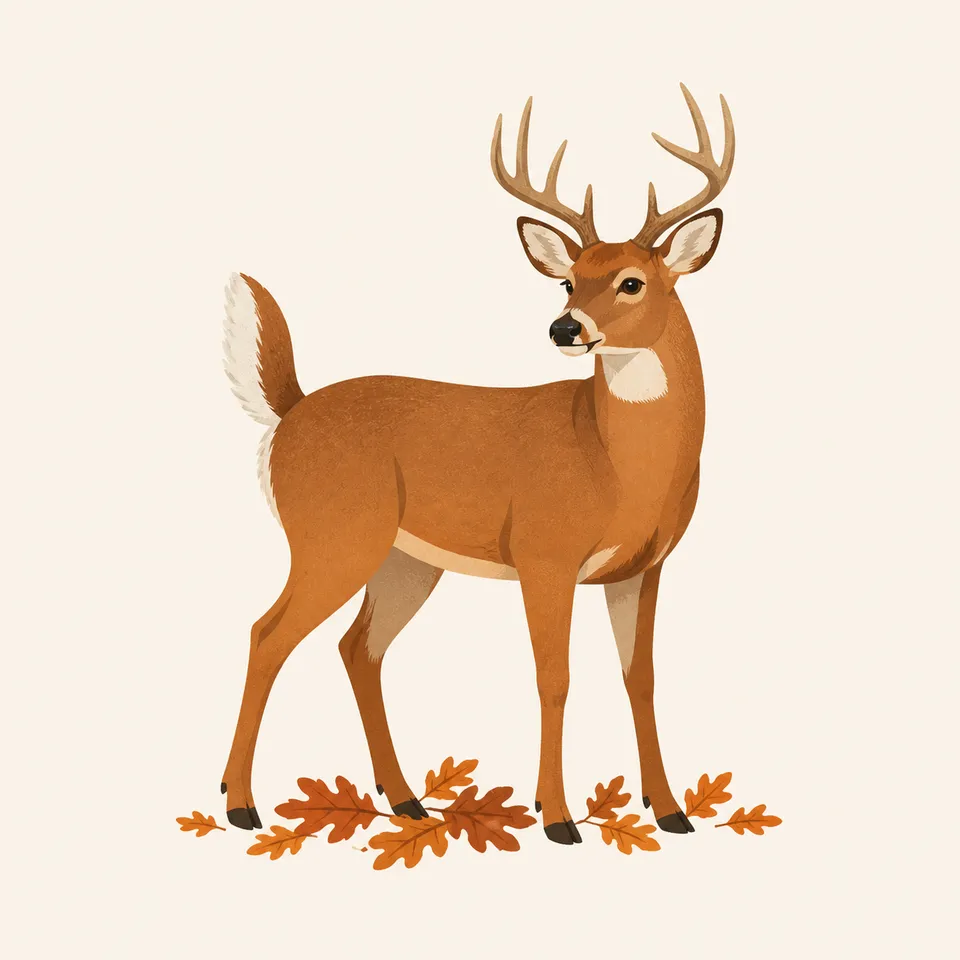 A white-tailed deer standing on fallen autumn leaves, the extra drawing for the park.