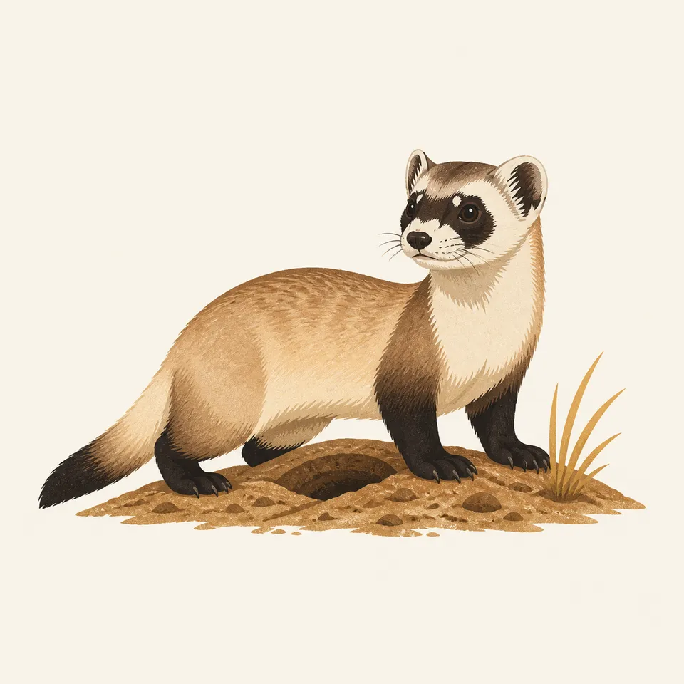 A black-footed ferret standing beside a burrow, the extra drawing for the park.