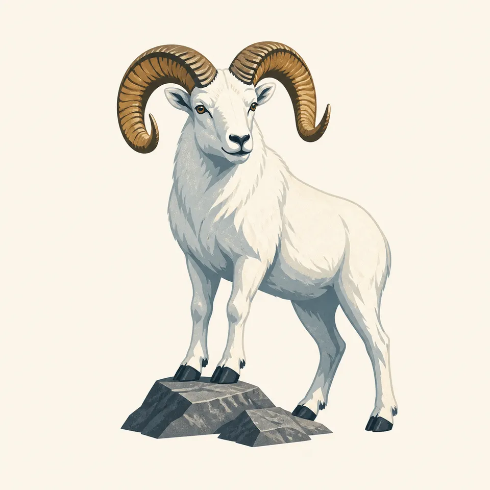 A Dall sheep ram standing on a rock outcrop, the extra drawing for the park.