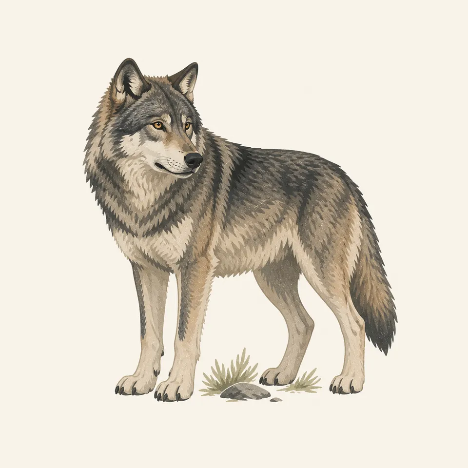 A gray wolf standing in a Yellowstone meadow.