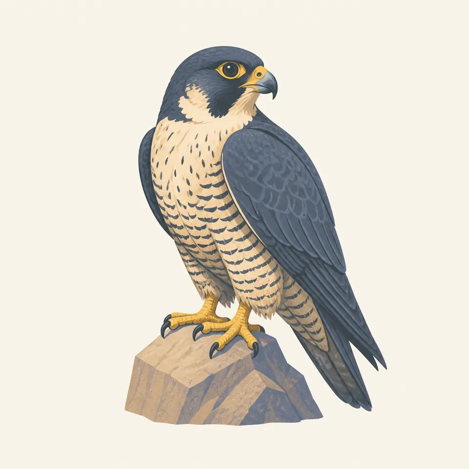 A peregrine falcon in flight above Yosemite granite and forest.
